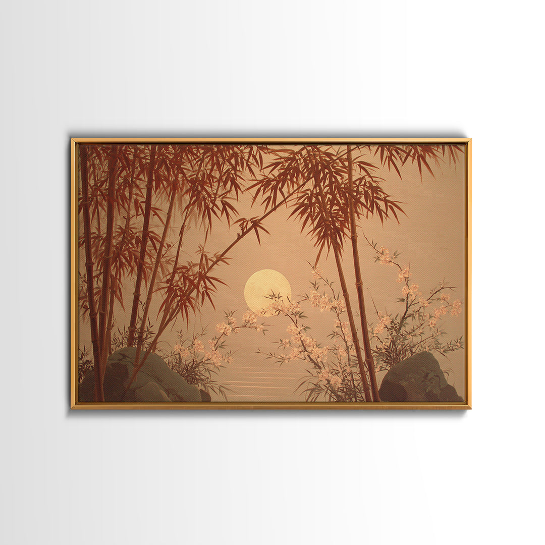 Golden Moon Behind Bamboo Silhouettes Framed Canvas Print, Asian Inspired Art, Zen Wall Art, Living Room Decor, Harmony, ASI-3x2-81