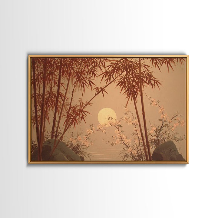 Golden Moon Behind Bamboo Silhouettes Framed Canvas Print, Asian Inspired Art, Zen Wall Art, Living Room Decor, Harmony, ASI-3x2-81