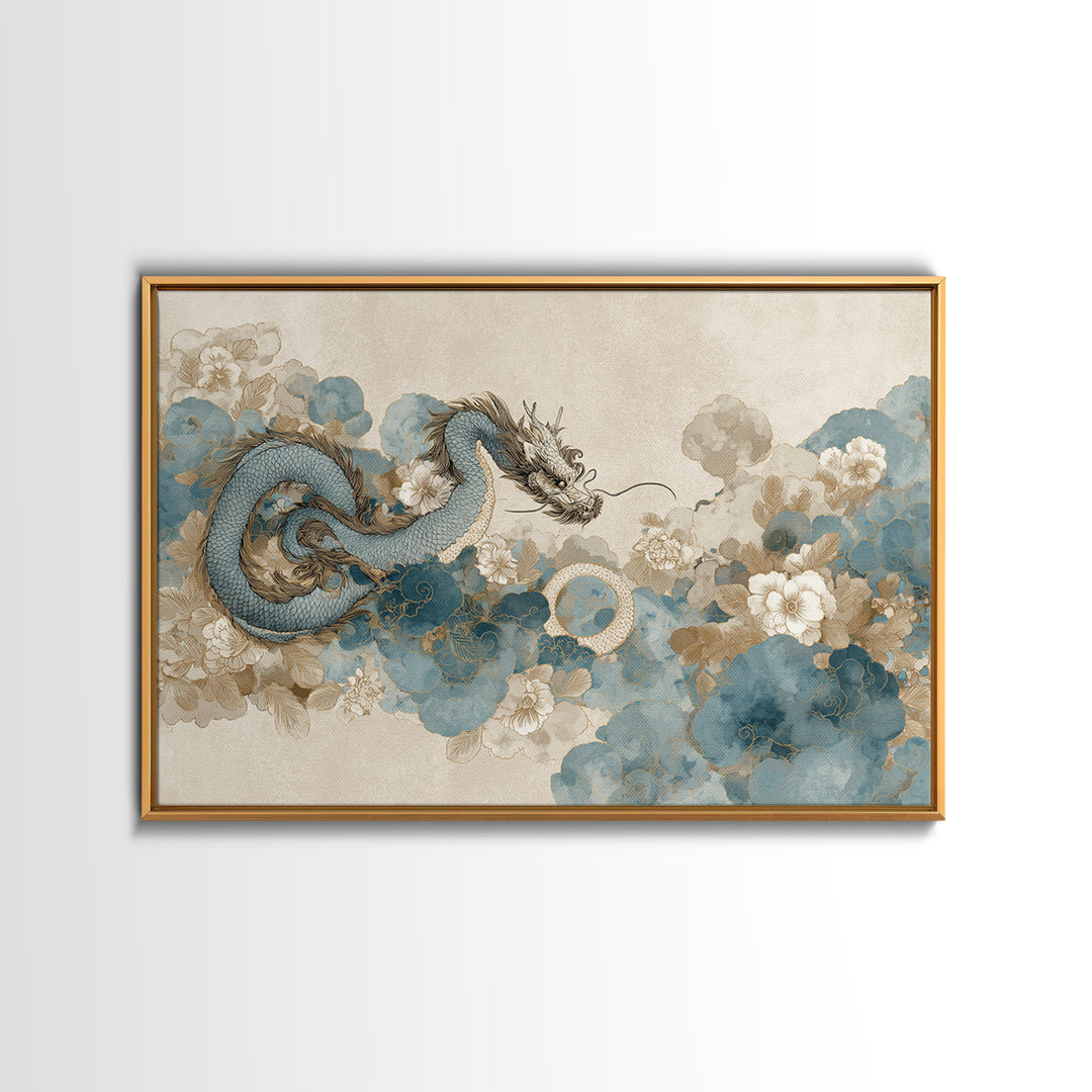 Dragon Curling Through Clouds Canvas Print, Asian Inspired Art, Spiritual Wall Art, Living Room Decor, Oil Painting, Harmony, ASI-3x2-89