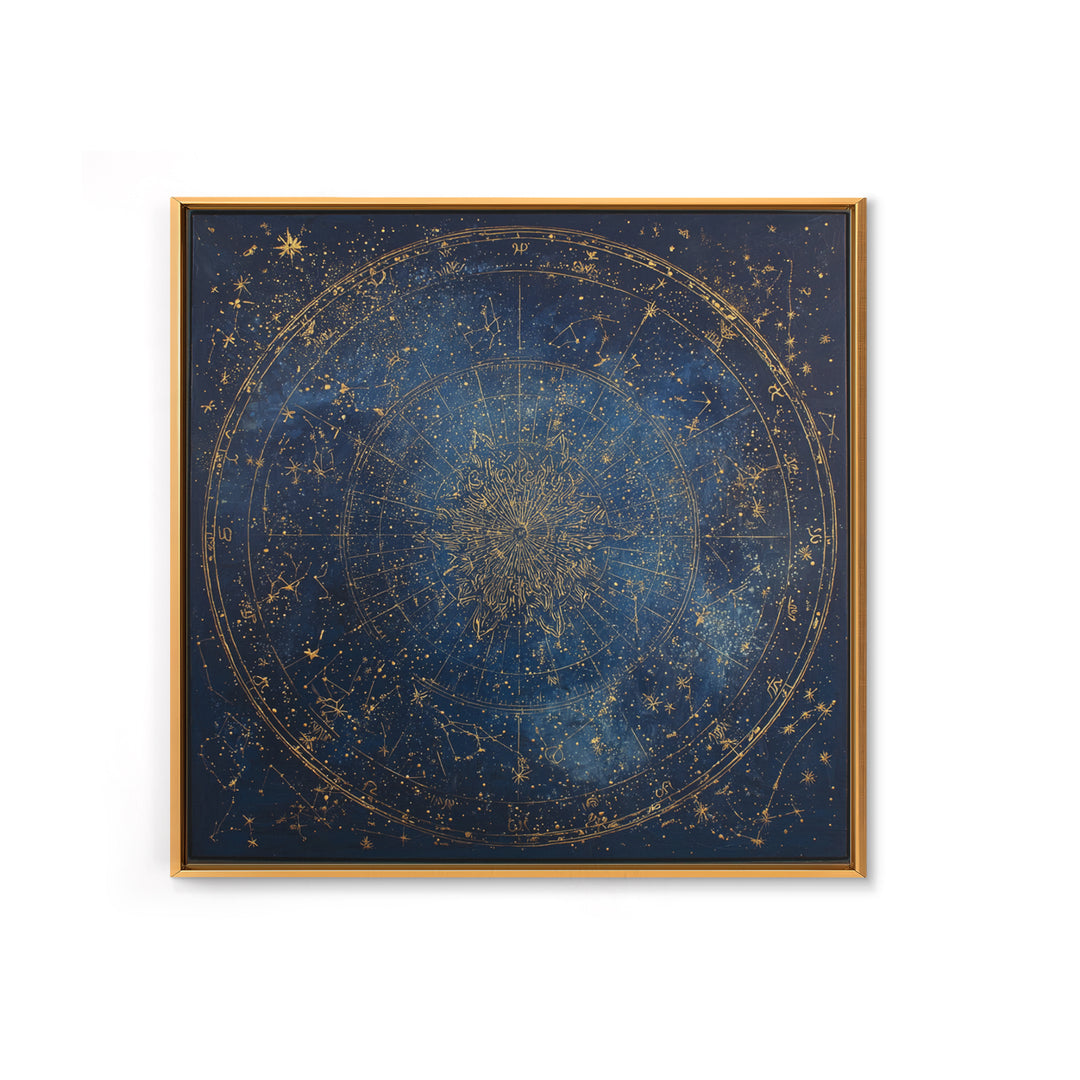 Gold Zodiac Wheel on Deep Midnight Blue Framed Canvas Print, Astrology Art, Neutral Decor, Living Room Decor, Fine Art, Zodiac, AST-1x1-1