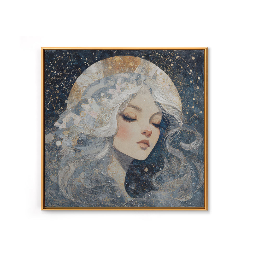 Moon Goddess with Flowing Hair and Constellations Canvas Print, Astrology Art, Celestial Wall Art, Living Room Decor, Zodiac, AST-1x1-27