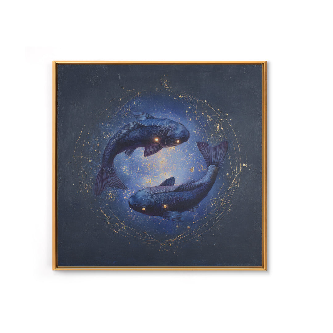 Cosmic Fish Pair Circling a Moonlit Pool Framed Canvas Print, Astrology Art, Dtf Print, Living Room Decor, Fine Art, Zodiac, AST-1x1-47