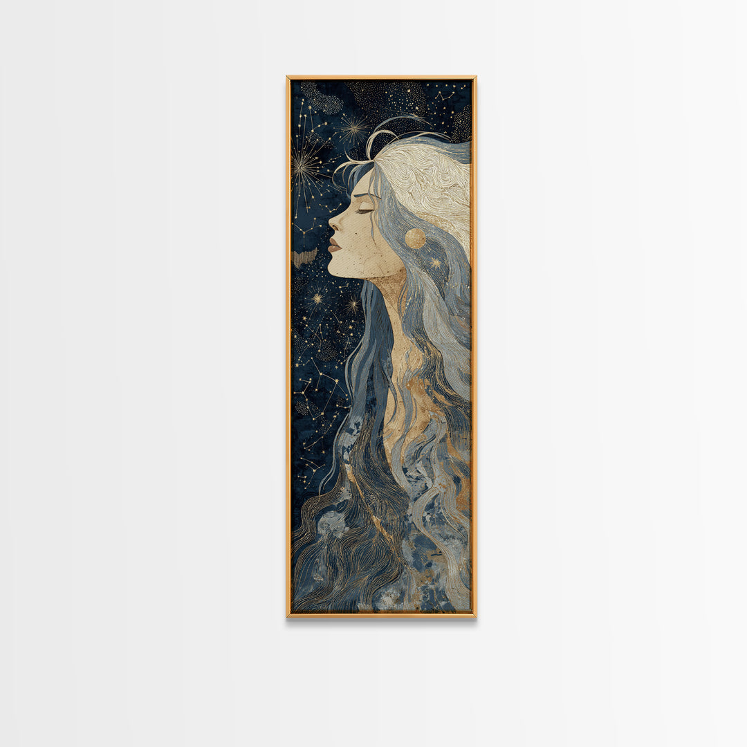 Moon Goddess with Flowing Hair and Constellations Framed Canvas Print, Astrology Art, Boho Decor, Living Room Decor, Zodiac, AST-1x3-15