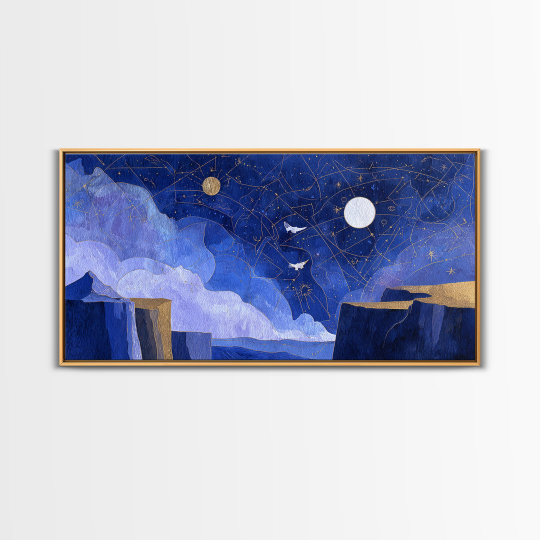 Ram Constellation Above Desert Cliffs at Night Framed Canvas Print, Astrology Art, Giclee Print, Living Room Decor, AST-2x1-100