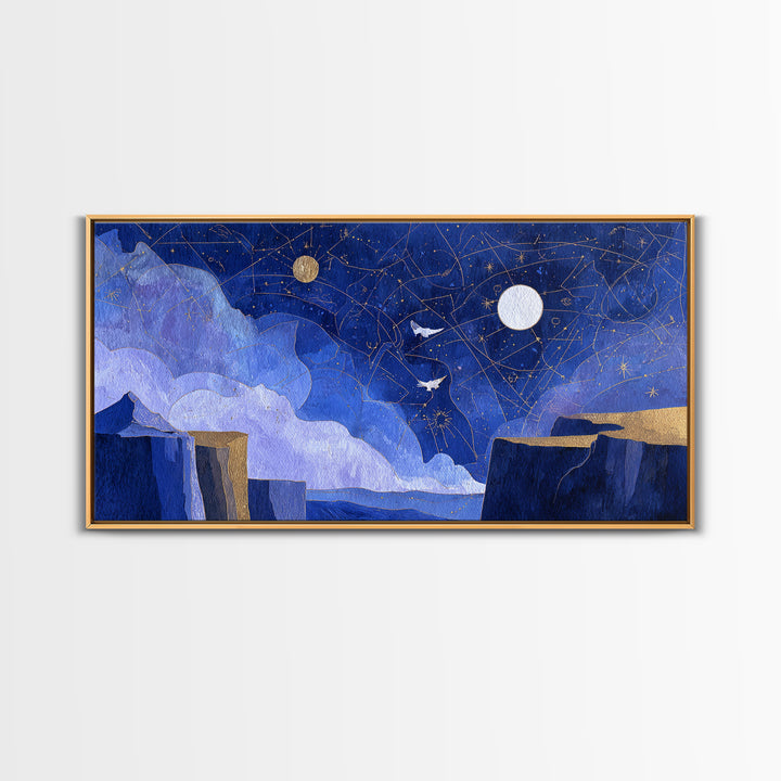 Ram Constellation Above Desert Cliffs at Night Framed Canvas Print, Astrology Art, Giclee Print, Living Room Decor, AST-2x1-100