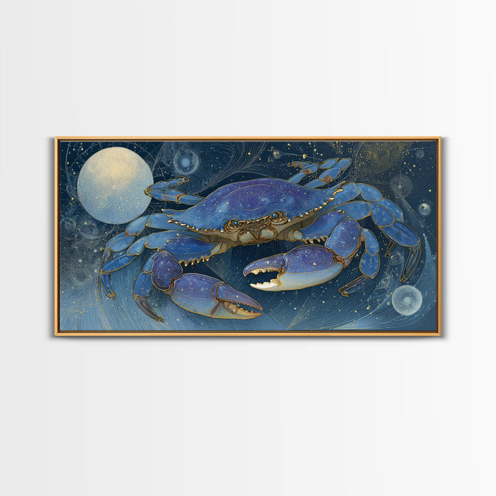 Celestial Crab under Glowing Ocean Moonlight Framed Canvas Print, Astrology Art, Room Decor, Living Room Decor, Zodiac, AST-2x1-12