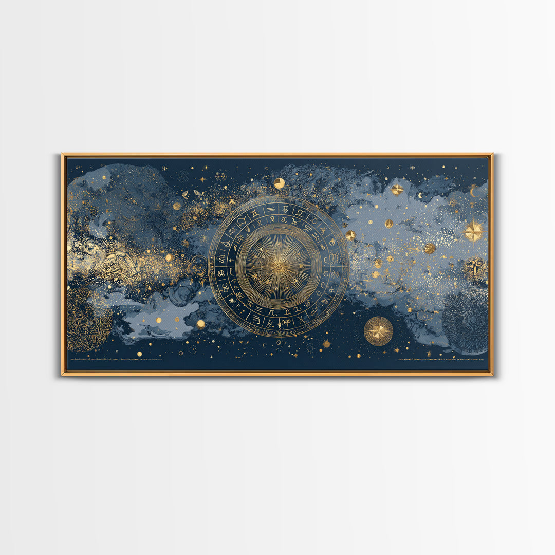 Gold Zodiac Wheel on Deep Midnight Blue Canvas Print, Astrology Art, Digital Wall Art, Living Room Decor, Oil Painting, Zodiac, AST-2x1-21