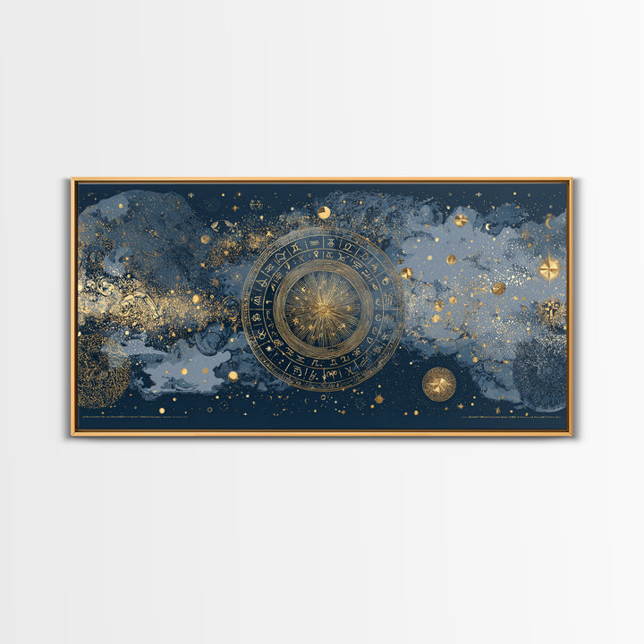 Gold Zodiac Wheel on Deep Midnight Blue Canvas Print, Astrology Art, Digital Wall Art, Living Room Decor, Oil Painting, Zodiac, AST-2x1-21