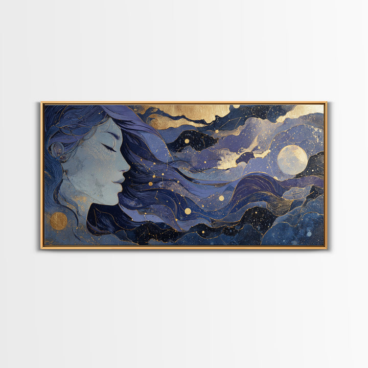 Moon Goddess with Flowing Hair and Constellations Framed Canvas Print, Astrology Art, Astrology, Living Room Decor, Zodiac, AST-2x1-23