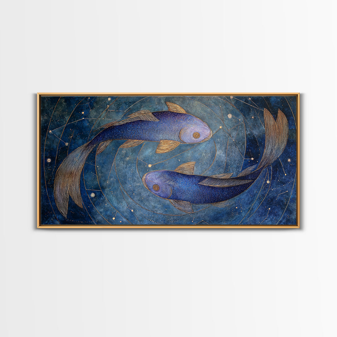 Cosmic Fish Pair Circling a Moonlit Pool Framed Canvas Print, Astrology Art, Art Nouveau, Living Room Decor, Fine Art, Zodiac, AST-2x1-43