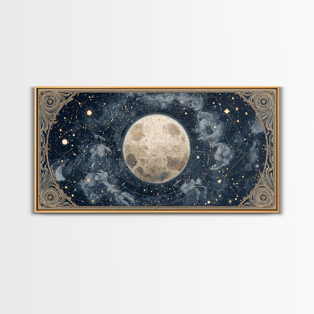 Retro Horoscope Chart Framed Canvas Print, Astrology Art, Boho Decor, Living Room Decor, Abstract Art, Zodiac, AST-2x1-65