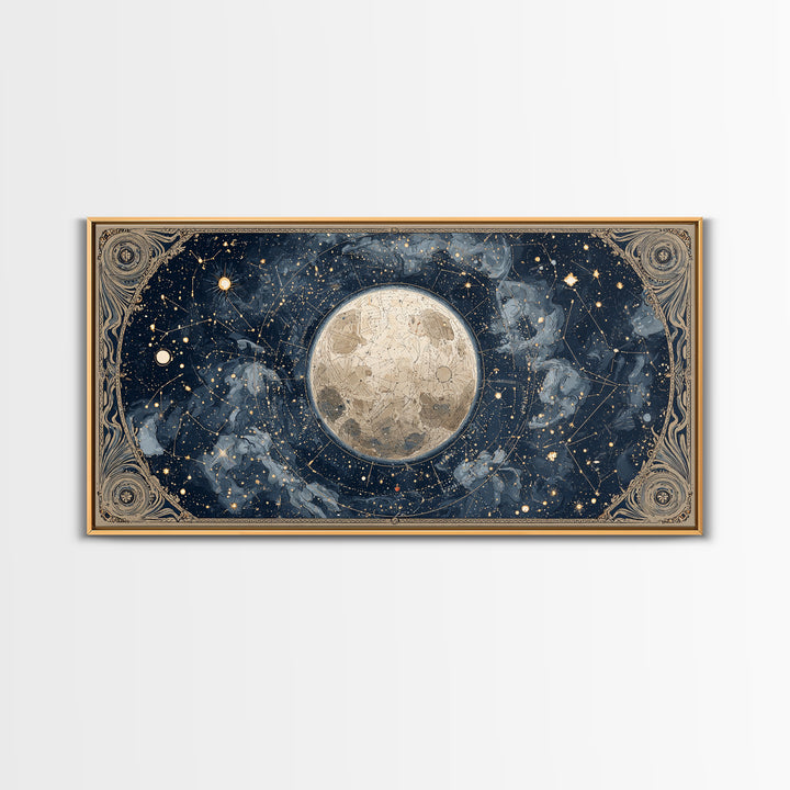 Retro Horoscope Chart Framed Canvas Print, Astrology Art, Boho Decor, Living Room Decor, Abstract Art, Zodiac, AST-2x1-65