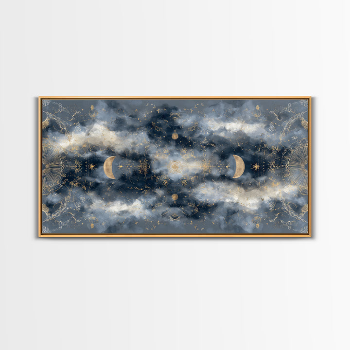Celestial Twins Surrounded by Mirrored Moons Canvas Print, Astrology Art, Astrology Gifts, Living Room Decor, Oil Painting, AST-2x1-77