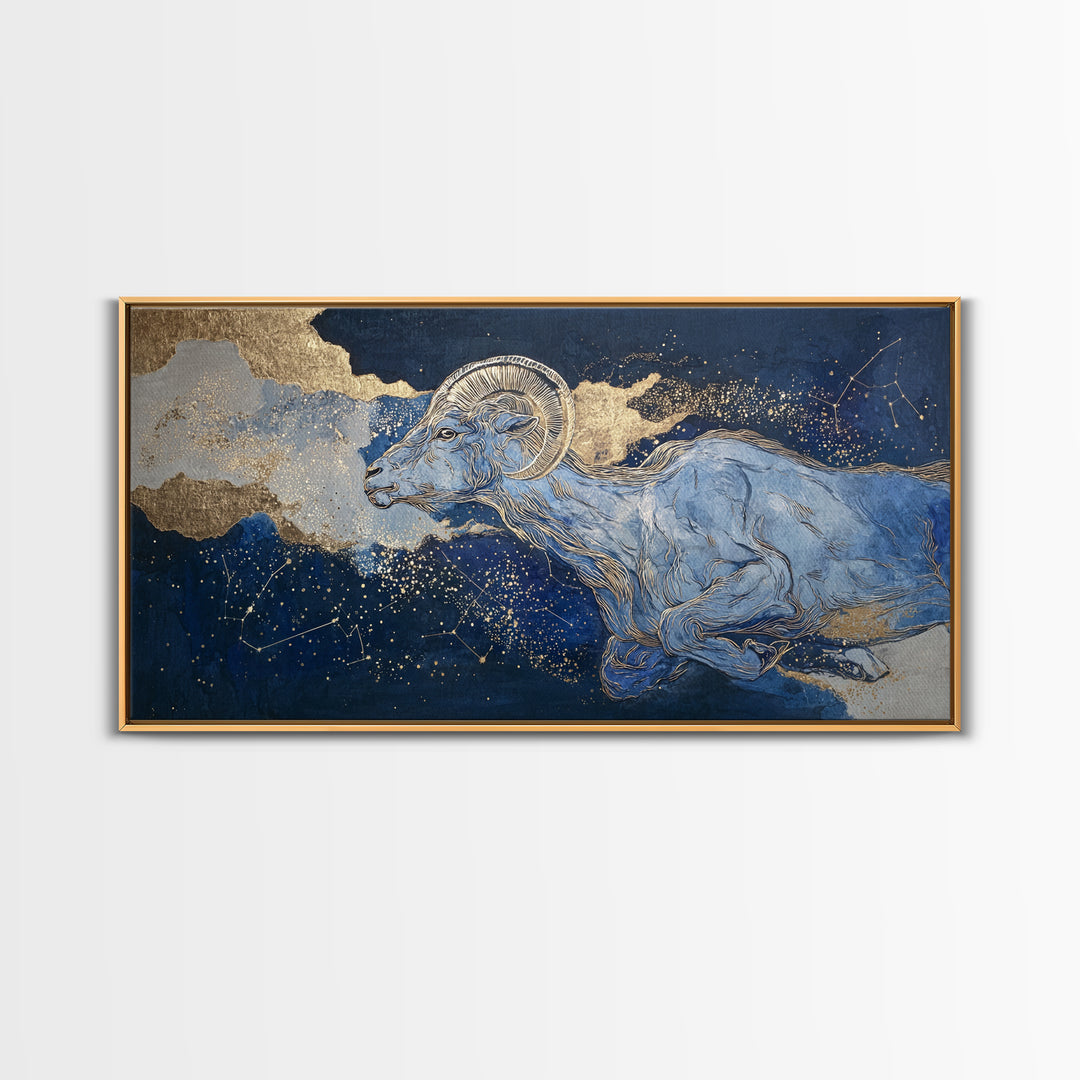Capricorn Sea Goat Emerging from Cosmic Waves Framed Canvas Print, Astrology Art, Zodiac Sign Print, Living Room Decor, Zodiac, AST-2x1-87