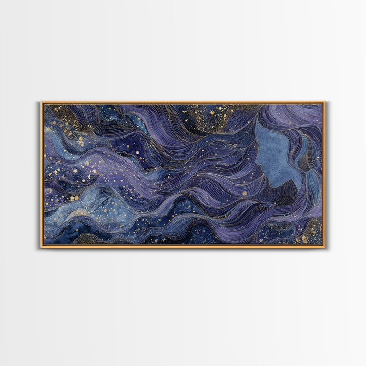 Moon Goddess with Flowing Hair and Constellations Framed Canvas Print, Astrology Art, Wall Decor, Living Room Decor, Zodiac, AST-2x1-95
