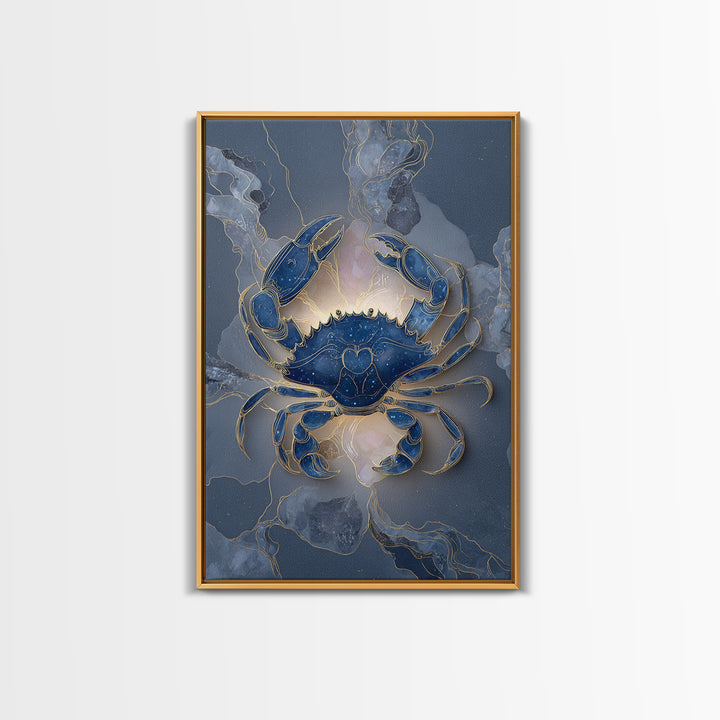 Celestial Crab under Glowing Ocean Moonlight Framed Canvas Print, Astrology Art, Neutral Decor, Living Room Decor, Zodiac, AST-2x3-24