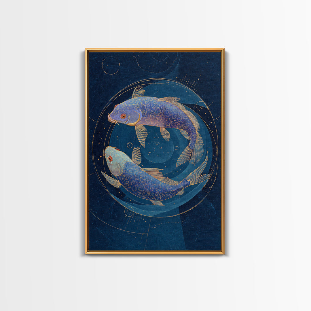 Cosmic Fish Pair Circling a Moonlit Pool Canvas Print, Astrology Art, Poster, Living Room Decor, Zodiac, Astrology Gifts, AST-2x3-31