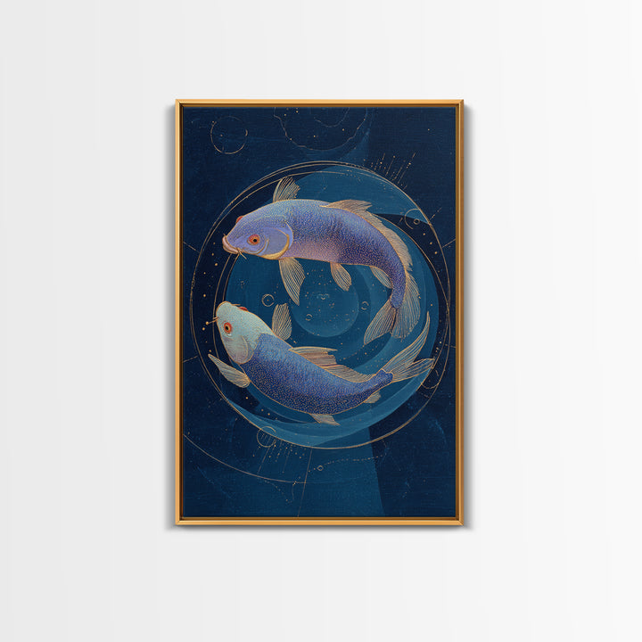 Cosmic Fish Pair Circling a Moonlit Pool Canvas Print, Astrology Art, Poster, Living Room Decor, Zodiac, Astrology Gifts, AST-2x3-31
