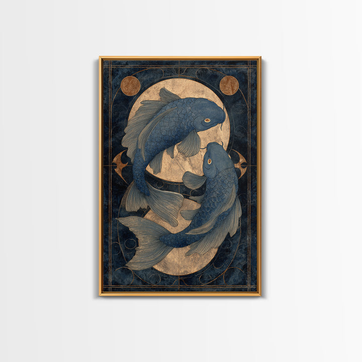 Cosmic Fish Pair Circling a Moonlit Pool Framed Canvas Print, Astrology Art, Art Nouveau, Living Room Decor, Fine Art, Zodiac, AST-2x3-55