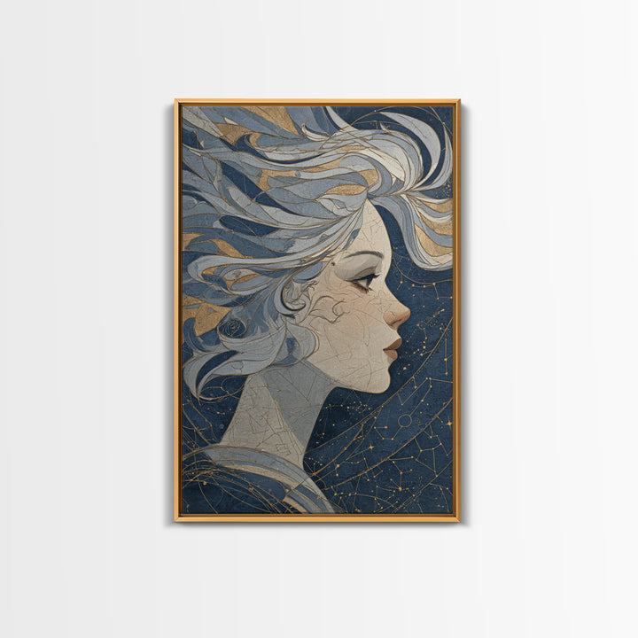 Moon Goddess with Flowing Hair and Constellations Canvas Print, Astrology Art, Astrology Gifts, Living Room Decor, Zodiac, AST-2x3-59