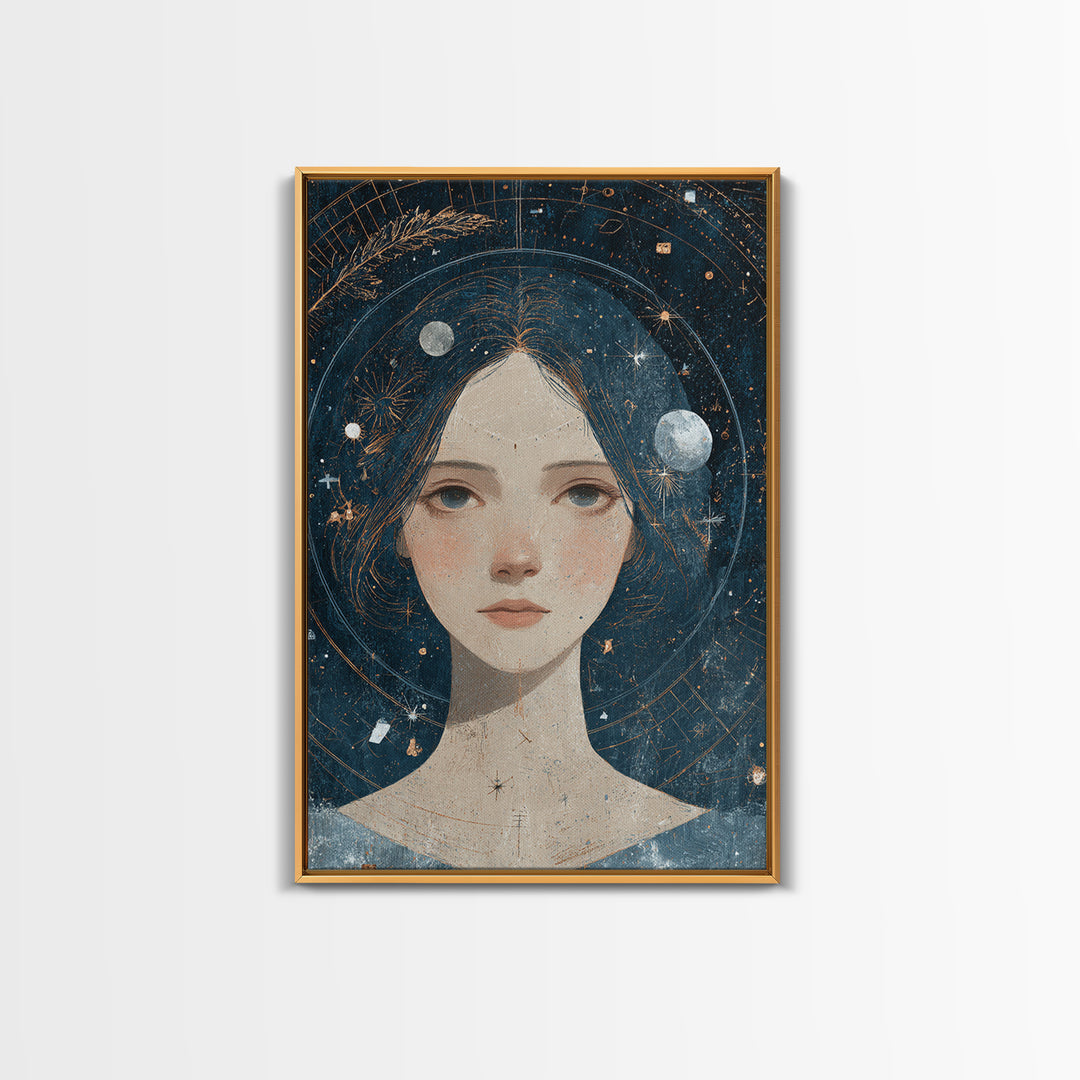 Virgo Maiden with Wheat and Blue Night Framed Canvas Print, Astrology Art, Astrology, Living Room Decor, Watercolor Art, Zodiac, AST-2x3-74
