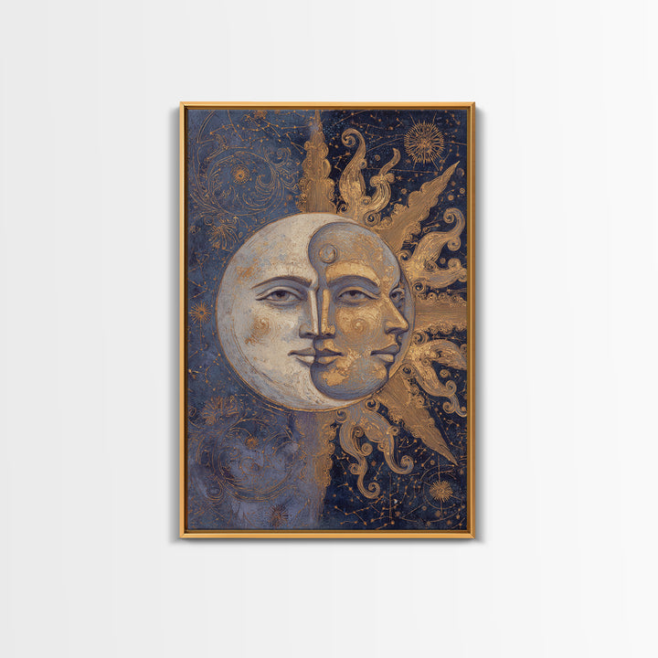 Sun and Moon Faces Framed Canvas Print, Astrology Art, Giclee Print, Living Room Decor, Fine Art, Zodiac, Fine Art Print, AST-2x3-85