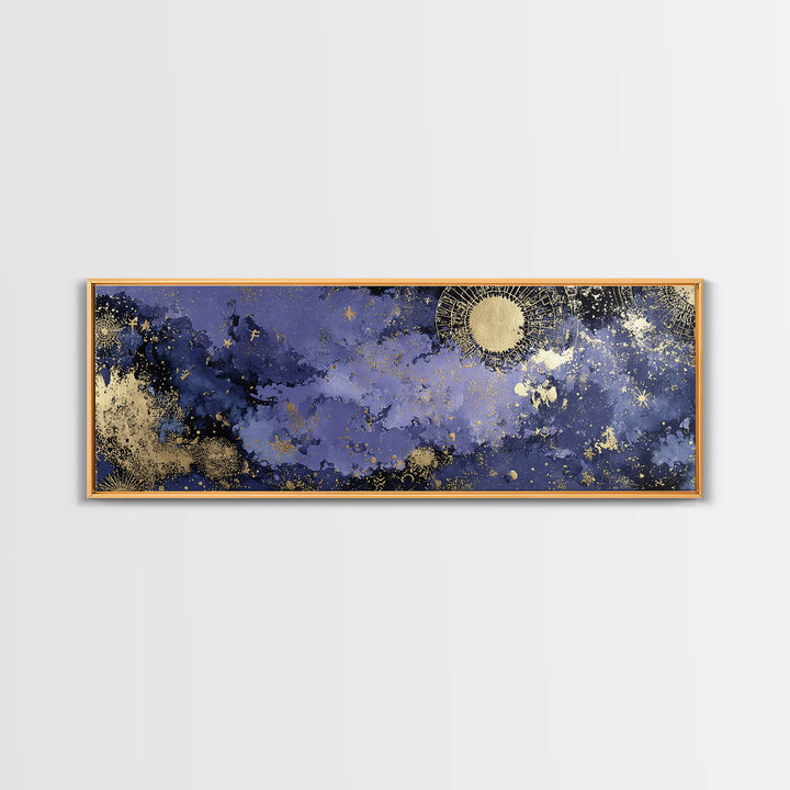 Gold Zodiac Wheel on Deep Midnight Blue Framed Canvas Print, Astrology Art, Zodiac Sign Print, Living Room Decor, Zodiac, AST-3x1-17