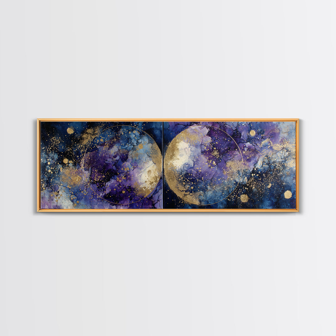 Celestial Twins Surrounded by Mirrored Moons Framed Canvas Print, Astrology Art, Wall Decor, Living Room Decor, Zodiac, AST-3x1-73