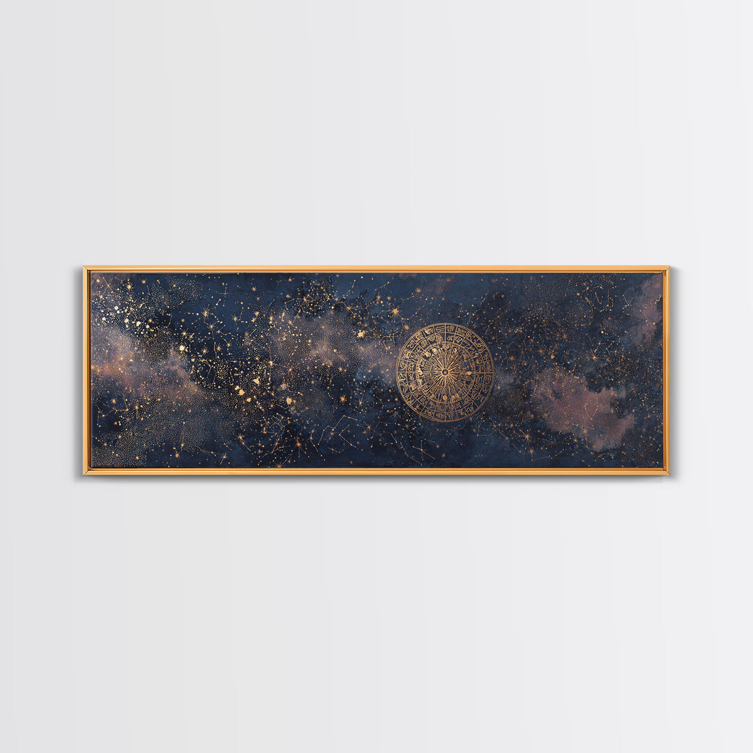 Gold Zodiac Wheel on Deep Midnight Blue Framed Canvas Print, Astrology Art, Statement Artwork, Living Room Decor, Oil Painting, AST-3x1-89