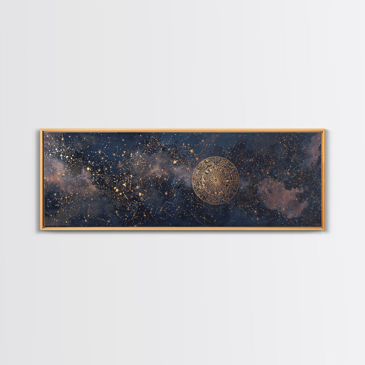 Gold Zodiac Wheel on Deep Midnight Blue Framed Canvas Print, Astrology Art, Statement Artwork, Living Room Decor, Oil Painting, AST-3x1-89