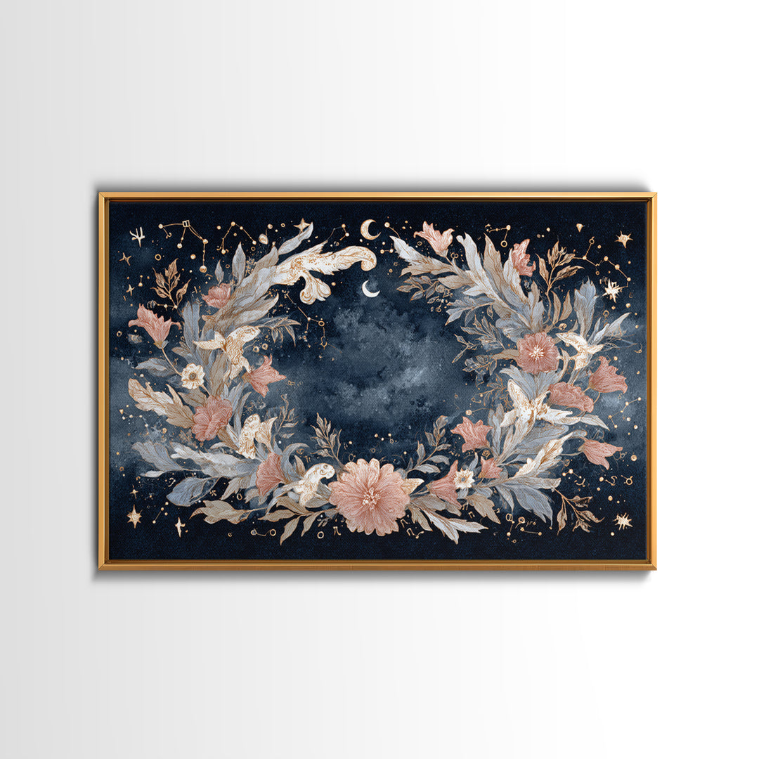 Astrological Botanical Wreath Framed Canvas Print, Astrology Art, Astronomy Art, Living Room Decor, Watercolor Art, Zodiac, AST-3x2-15