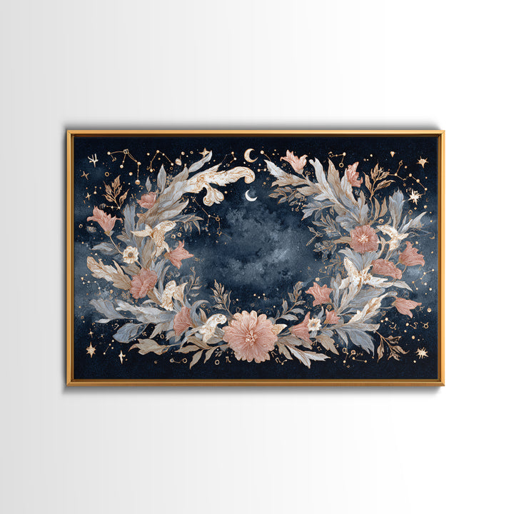 Astrological Botanical Wreath Framed Canvas Print, Astrology Art, Astronomy Art, Living Room Decor, Watercolor Art, Zodiac, AST-3x2-15