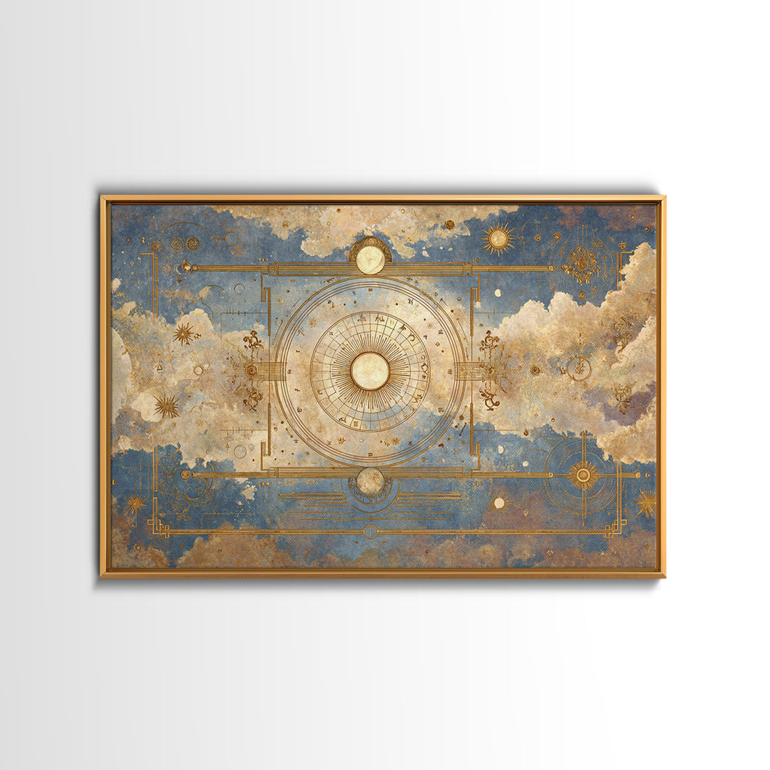 Retro Horoscope Chart Framed Canvas Print, Astrology Art, Leo Wall Art, Living Room Decor, Abstract Art, Zodiac, AST-3x2-25