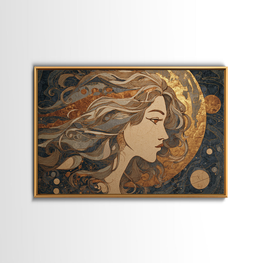 Moon Goddess with Flowing Hair and Constellations Canvas Print, Astrology Art, Fine Art Print, Living Room Decor, Zodiac, AST-3x2-31