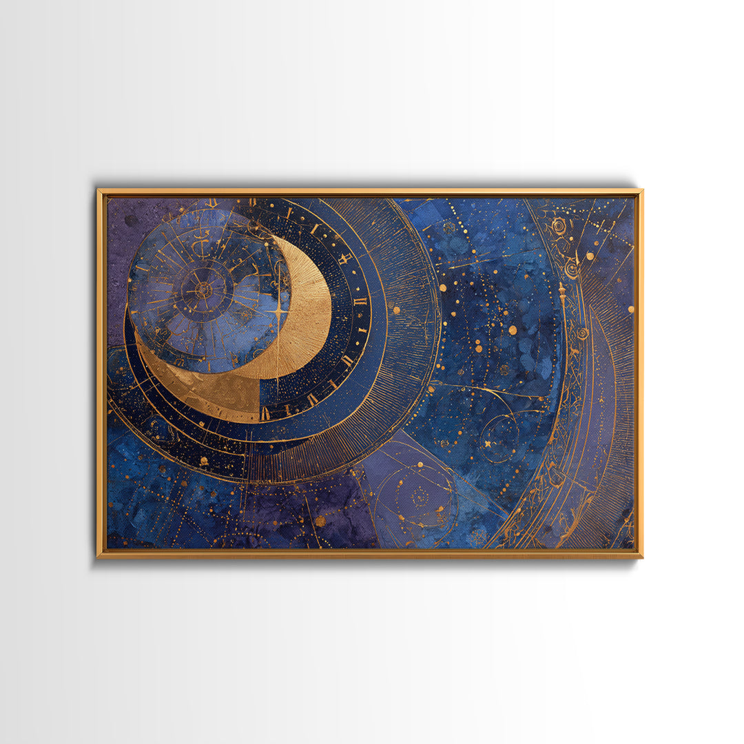 Gold Zodiac Wheel on Deep Midnight Blue Framed Canvas Print, Astrology Art, Astronomy Print, Living Room Decor, Zodiac, AST-3x2-5