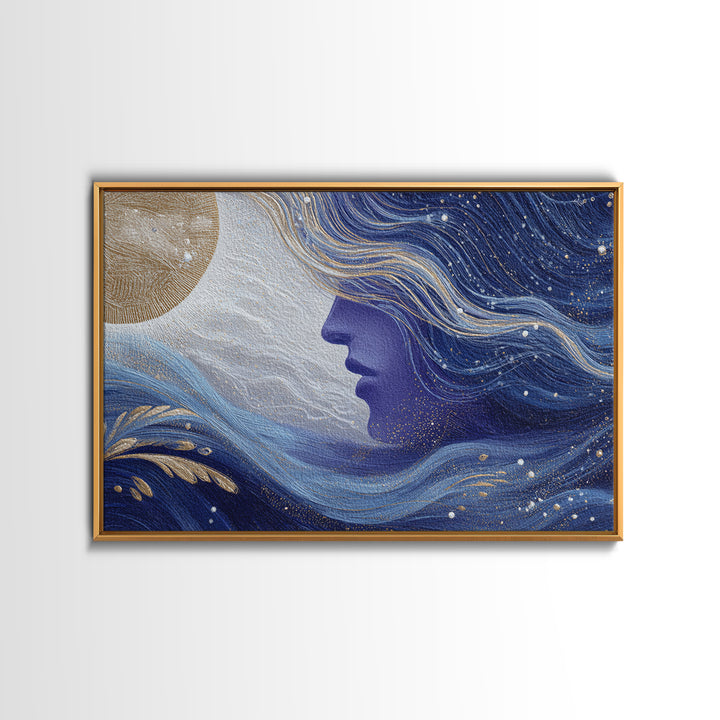 Moon Goddess with Flowing Hair and Constellations Framed Canvas Print, Astrology Art, Boho Decor, Living Room Decor, Zodiac, AST-3x2-7