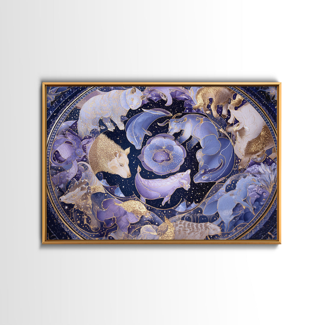 Twelve Zodiac Animals Arranged Framed Canvas Print, Astrology Art, Zodiac Sign Wall Art, Living Room Decor, Oil Painting, AST-3x2-8