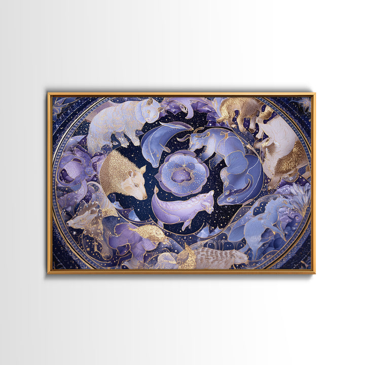 Twelve Zodiac Animals Arranged Framed Canvas Print, Astrology Art, Zodiac Sign Wall Art, Living Room Decor, Oil Painting, AST-3x2-8