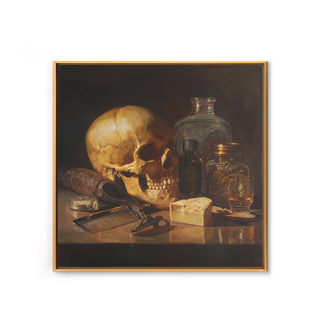 Skull with Comb and Razor in Tattoo Canvas Print, Barbershop Art, Unique Wall Art, Barbershop Decor, Oil Painting, Grooming, BAA-1x1-15