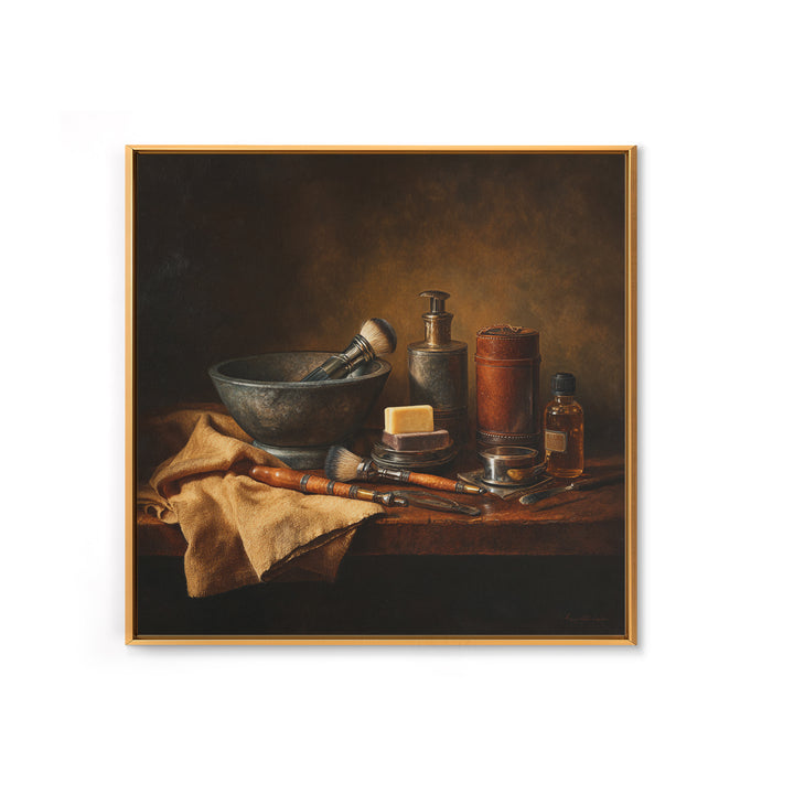 Hot Towel Shave Scene Cropped Close to Framed Canvas Print, Barbershop Art, Urban Wall Art, Barbershop Decor, Oil Painting, BAA-1x1-37