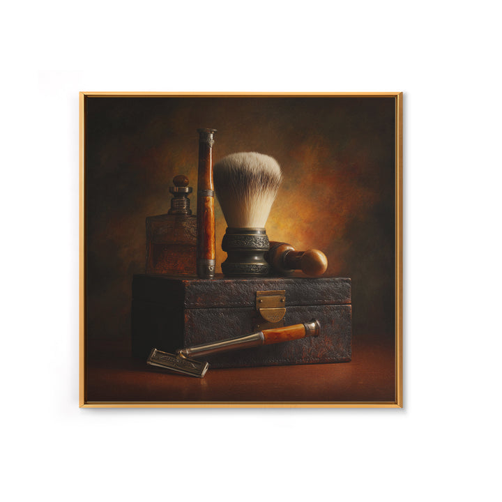 Straight Razor and Shaving Brush on Dark Canvas Print, Barbershop Art, Afrocentric Wall Art, Barbershop Decor, Grooming, BAA-1x1-50