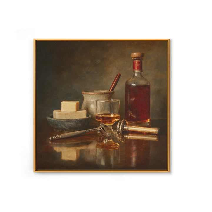 Whiskey and Straight Razor Masculine Still Life Canvas Print, Barbershop Art, Orange Wall Art, Barbershop Decor, Abstract Art, BAA-1x1-55
