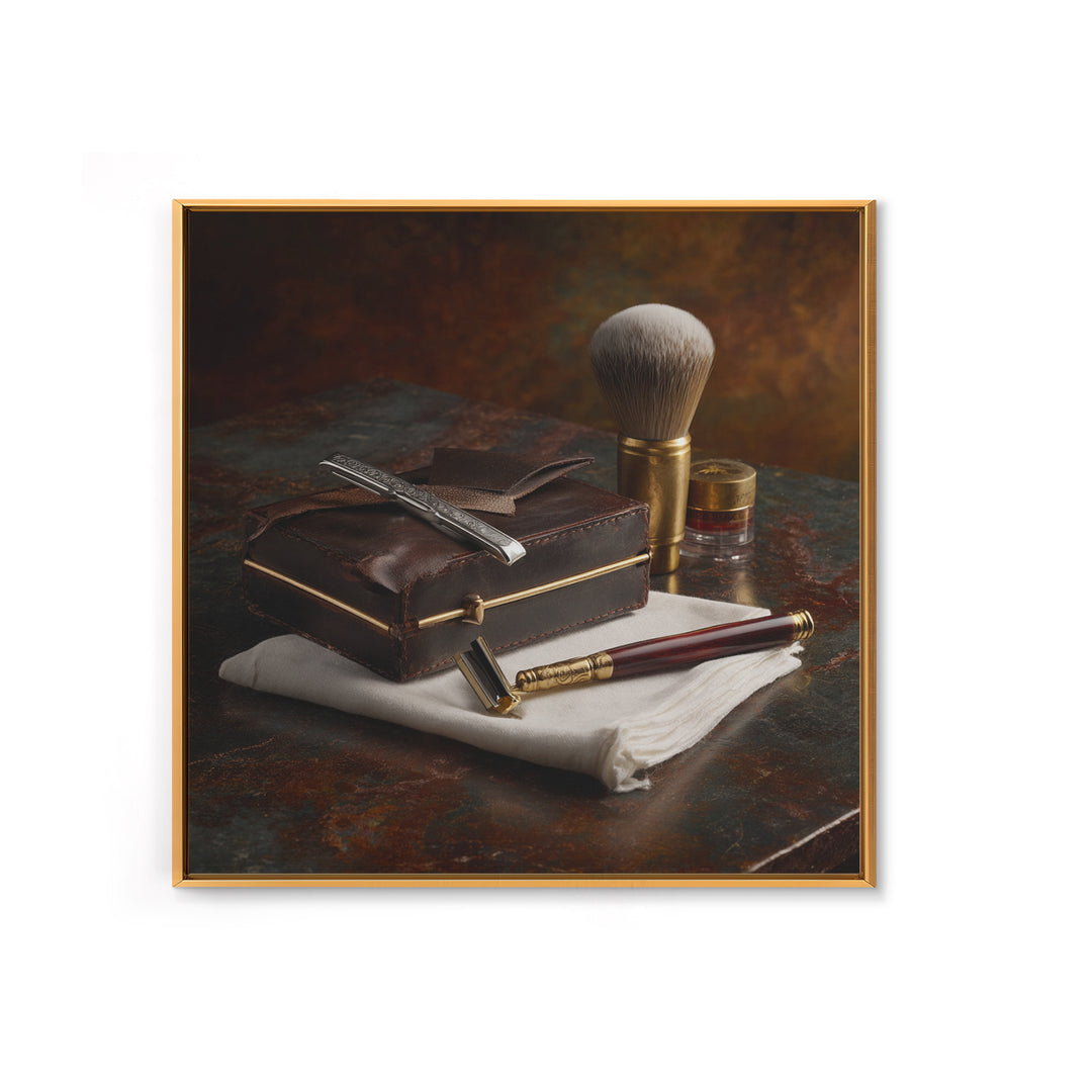 Straight Razor and Shaving Brush on Dark Framed Canvas Print, Barbershop Art, Orange Wall Art, Barbershop Decor, Grooming, BAA-1x1-74