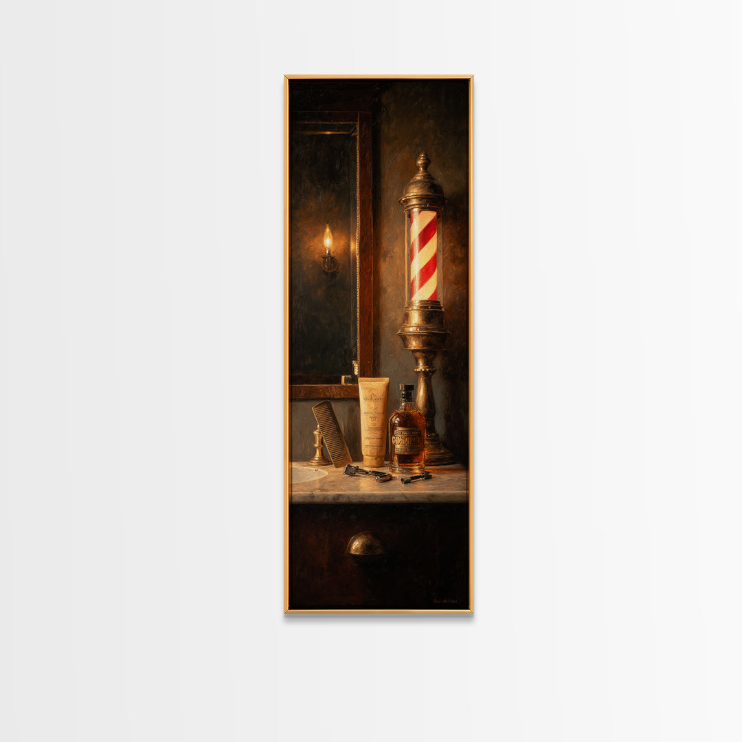 Whiskey and Straight Razor Masculine Still Life Canvas Print, Barbershop Art, Statement Artwork, Barbershop Decor, Grooming, BAA-1x3-19