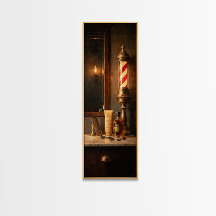 Whiskey and Straight Razor Masculine Still Life Canvas Print, Barbershop Art, Statement Artwork, Barbershop Decor, Grooming, BAA-1x3-19