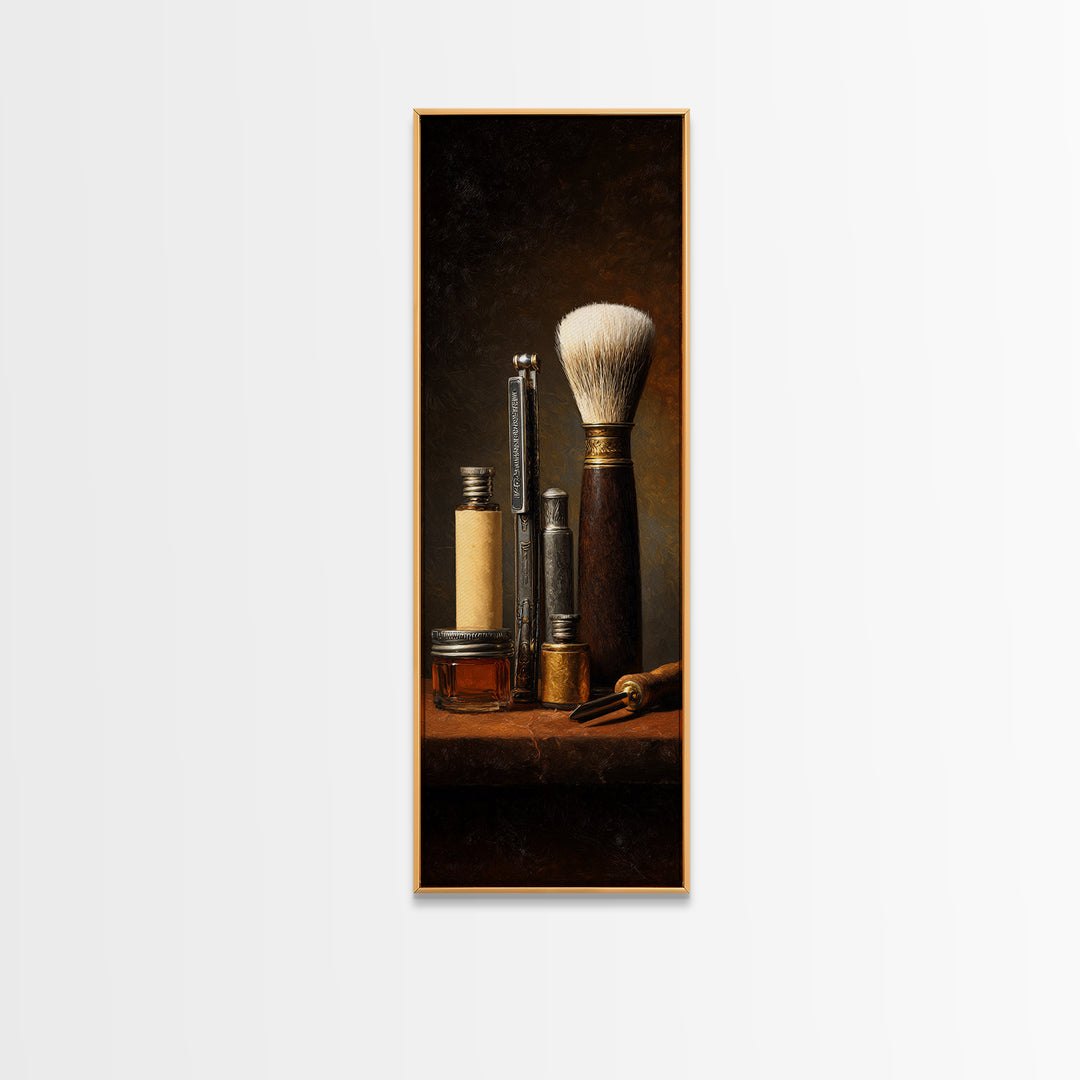 Straight Razor and Shaving Brush on Dark Canvas Print, Barbershop Art, Digital Poster, Barbershop Decor, Fine Art, Grooming, BAA-1x3-38