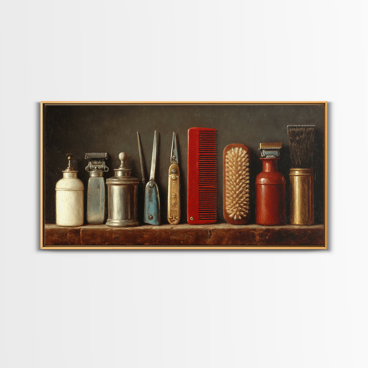 Antique Clippers and Combs on Worn Wood Canvas Print, Barbershop Art, Digital Prints, Barbershop Decor, Oil Painting, Grooming, BAA-2x1-77