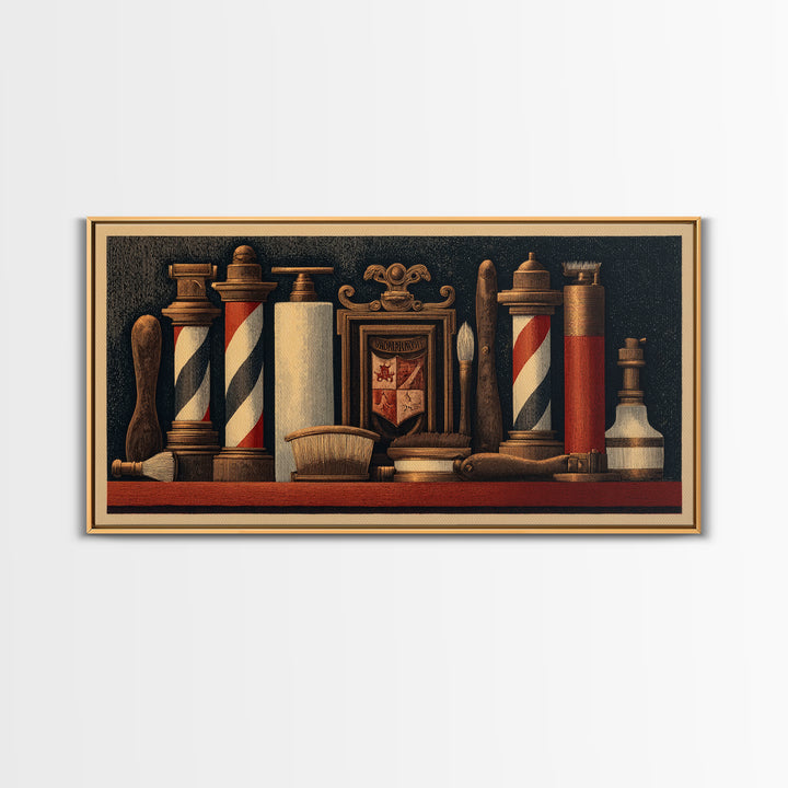 Bold Linocut Barber Emblem Framed Canvas Print, Barbershop Art, Black Wall Art, Barbershop Decor, Fine Art, Grooming, BAA-2x1-92