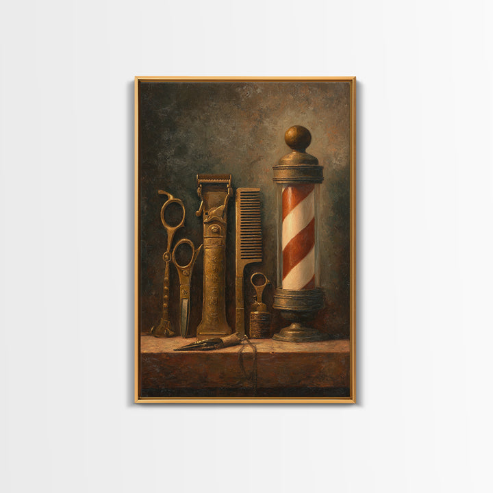 Antique Clippers and Combs on Worn Wood Framed Canvas Print, Barbershop Art, Barbershop Decor, Abstract Art, Grooming, BAA-2x3-41