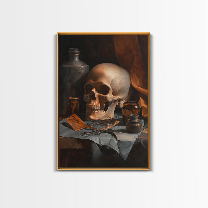 Skull with Comb and Razor in Tattoo Framed Canvas Print, Barbershop Art, Neutral Decor, Barbershop Decor, Abstract Art, BAA-2x3-47
